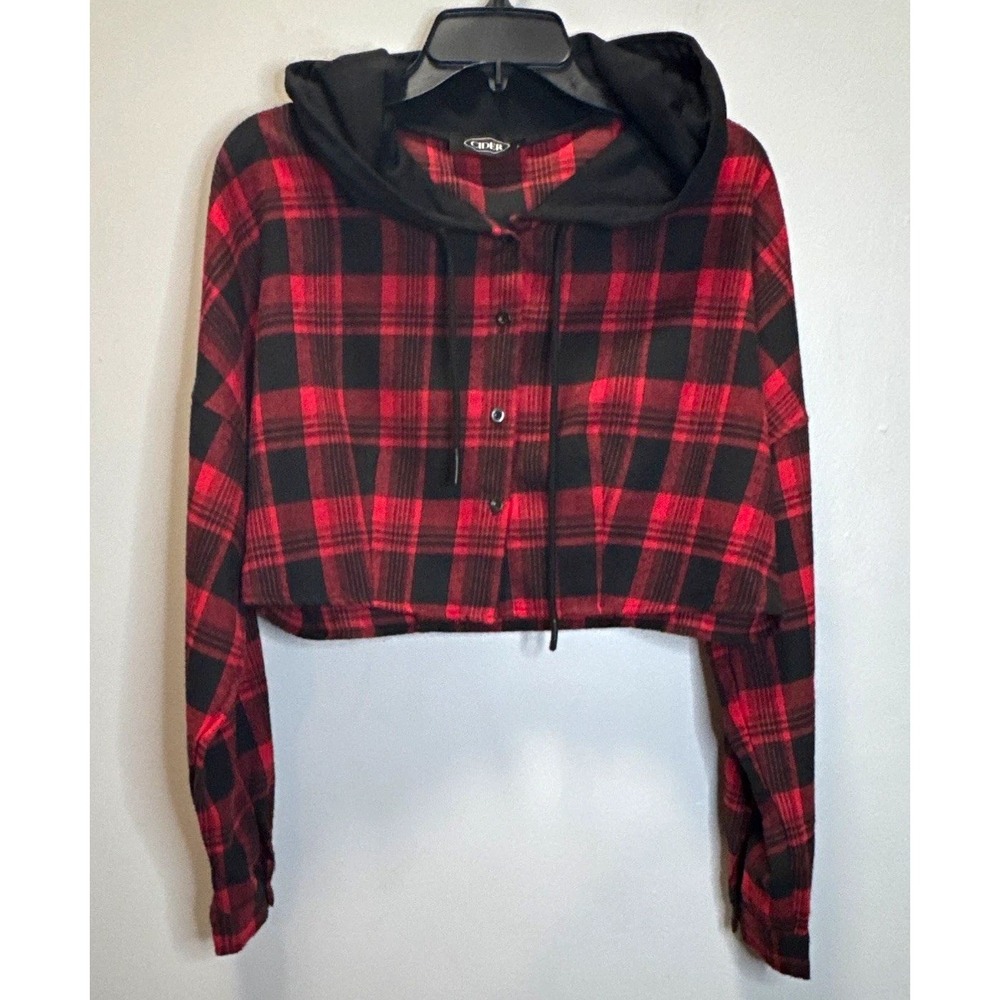 Cider Hoodie Womens Red Black Plaid Flannel Like Hooded Button Up Cropped Shirt